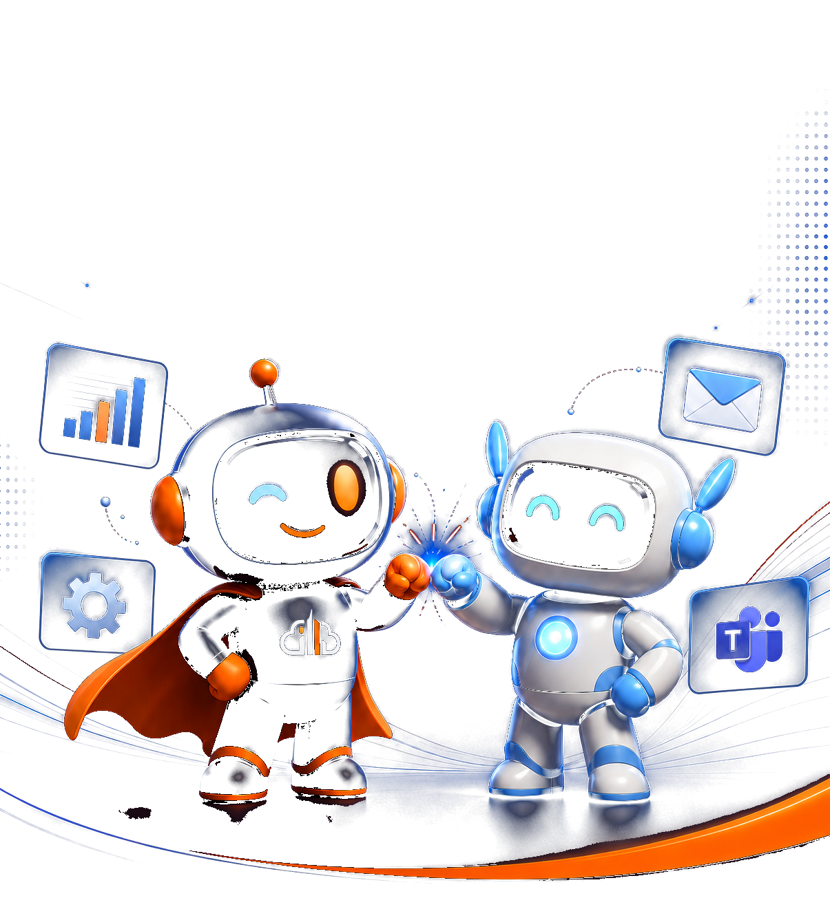 Urbie, the Urbanise mascot, fist-bumping the Merlo AI mascot